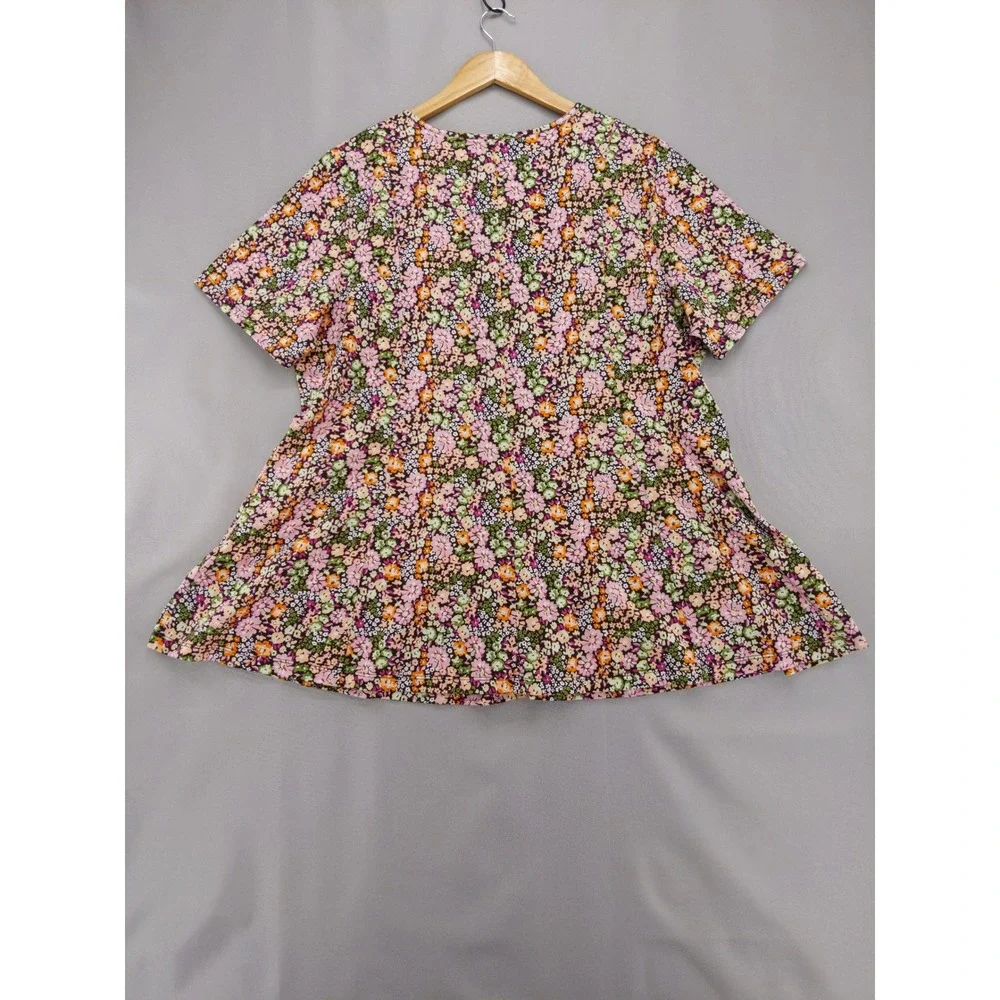 Denim & Co Henley Top Women XL Multi Floral Short Sleeve Knit Button Front